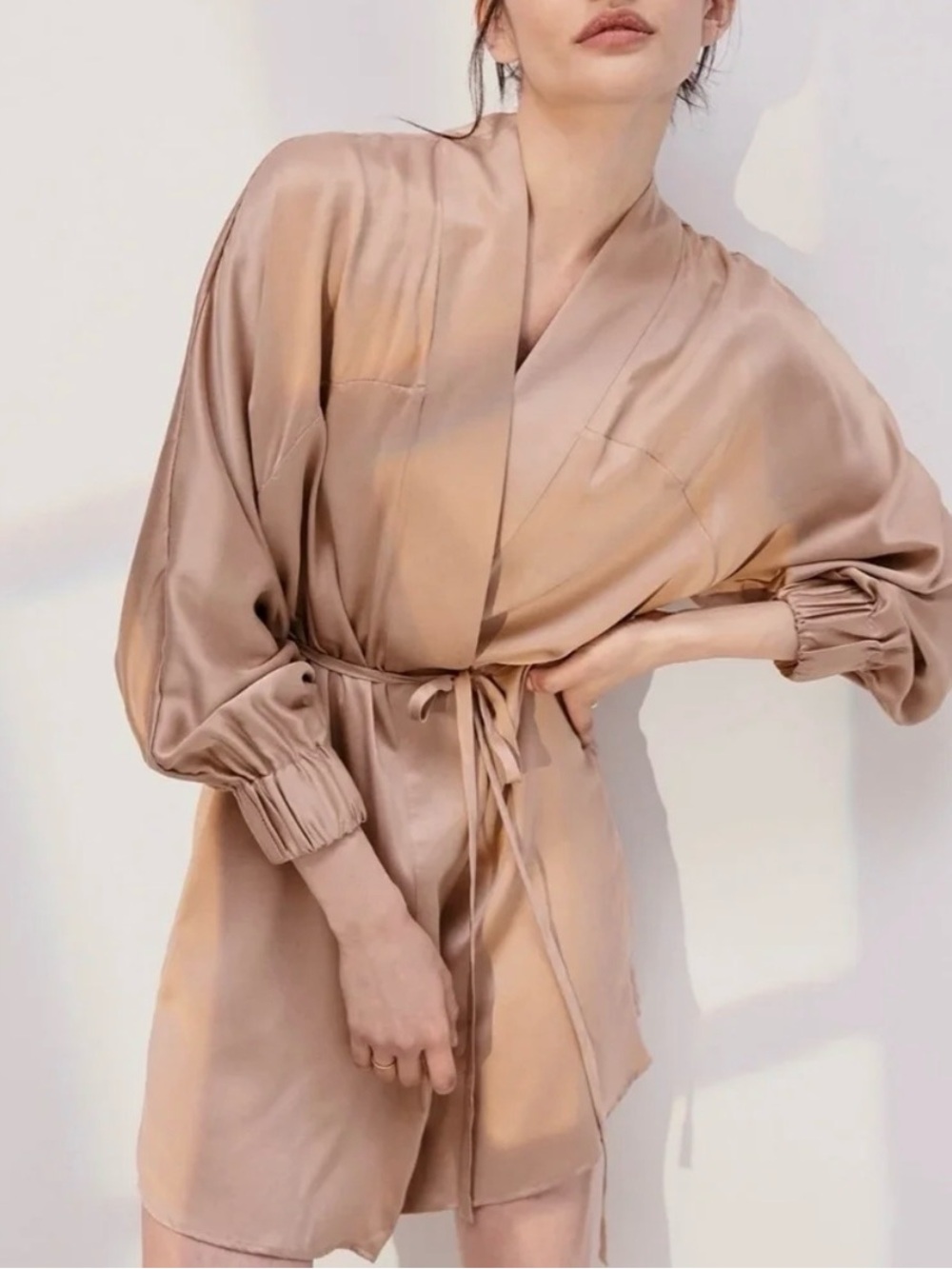 Lunya washable Silk Neutral Beige Kimono Robe with Tie Belt